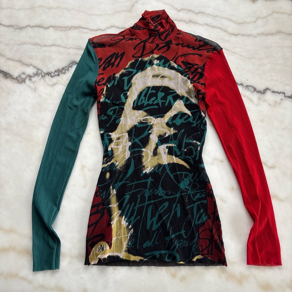 Vintage Jean Paul Gaultier AW 1997 Fight Racism Mesh Portrait Turtleneck Top M